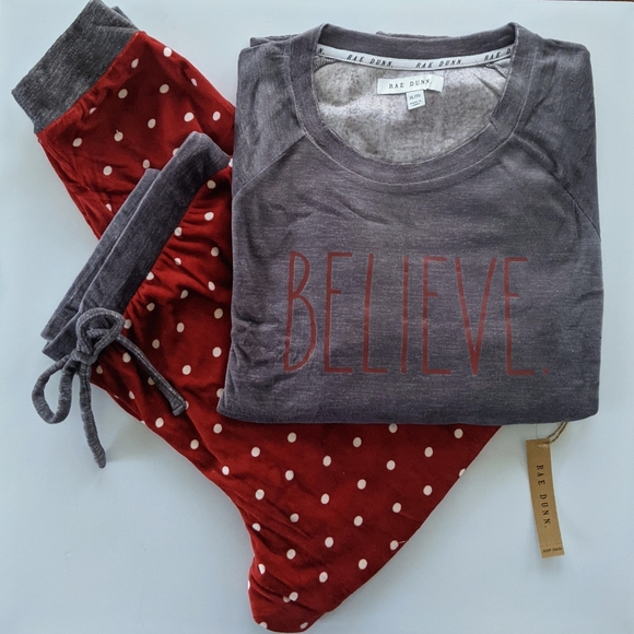 Rae Dunn BELIEVE Plush Velour Long Sleeve Top & Cozy Jogger Pajama Set XL NWT - Picture 3 of 7